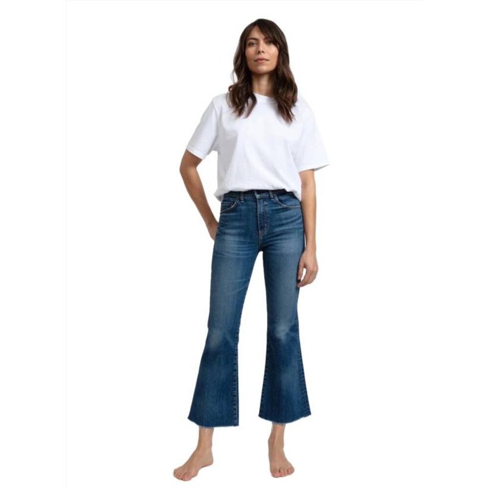 ASKK NY Geek High Rise Cropped Flare Jeans Raw Hem Auburn Blue 31 Japanese Denim - Picture 2 of 8